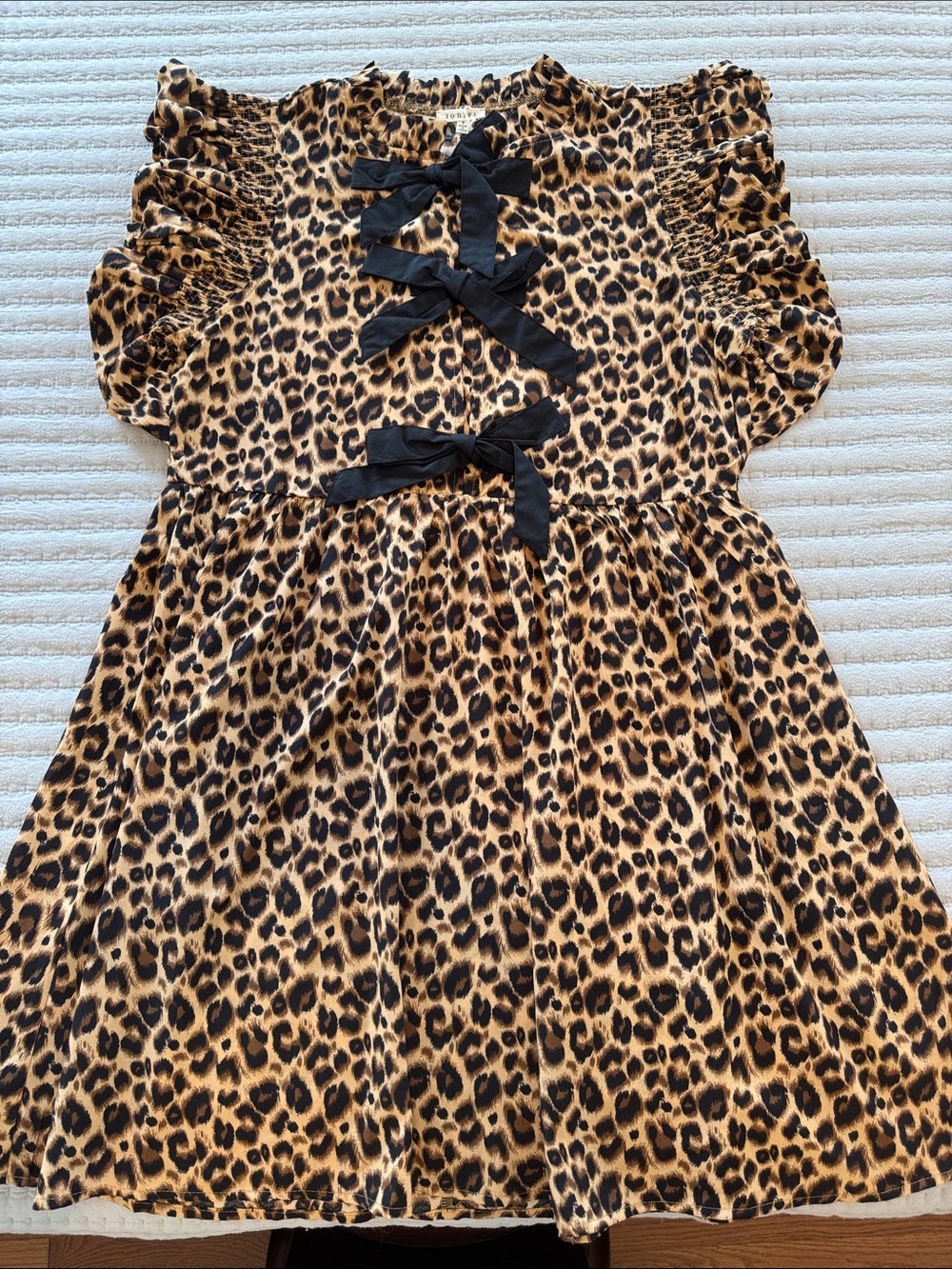 JODIFL Leopard Print Mini Dress with Black Ribbon. NWT